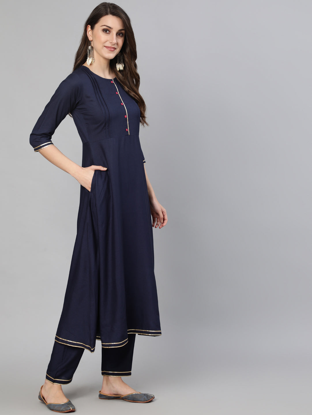 Women Navy Blue Solid Gathered Kurta With Troiuser And Sequance  Dupatta