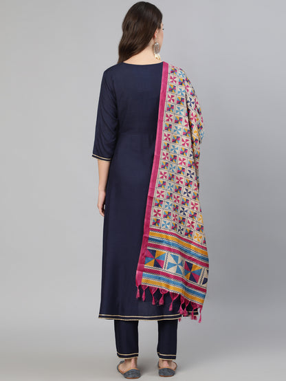 Women Navy Blue Solid Gathered Kurta With Troiuser And Sequance  Dupatta