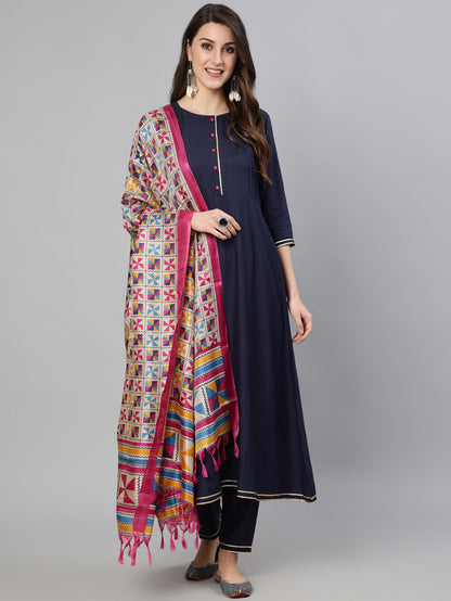 Women Navy Blue Solid Gathered Kurta With Troiuser And Sequance  Dupatta