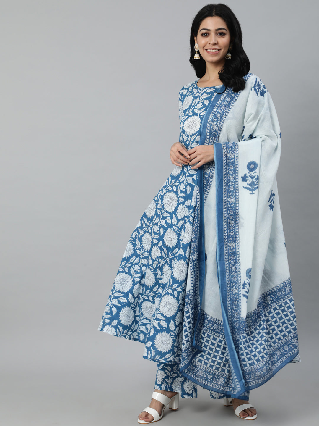 Women Blue Printed Flared Kurta With Trouser & Dupatta