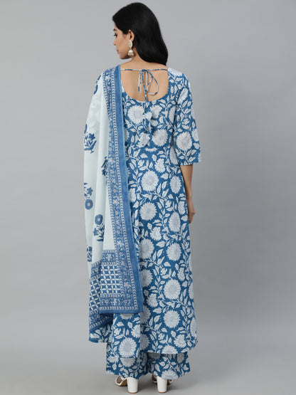 Women Blue Printed Flared Kurta With Trouser & Dupatta