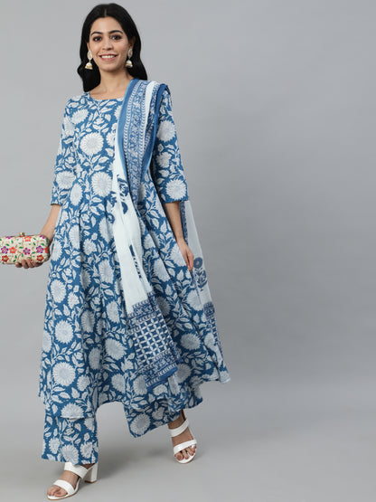 Women Blue Printed Flared Kurta With Trouser & Dupatta