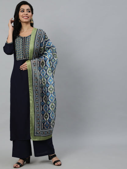 Women Navy Blue Embroidered Straight Kurta With Plazo & Dupatta