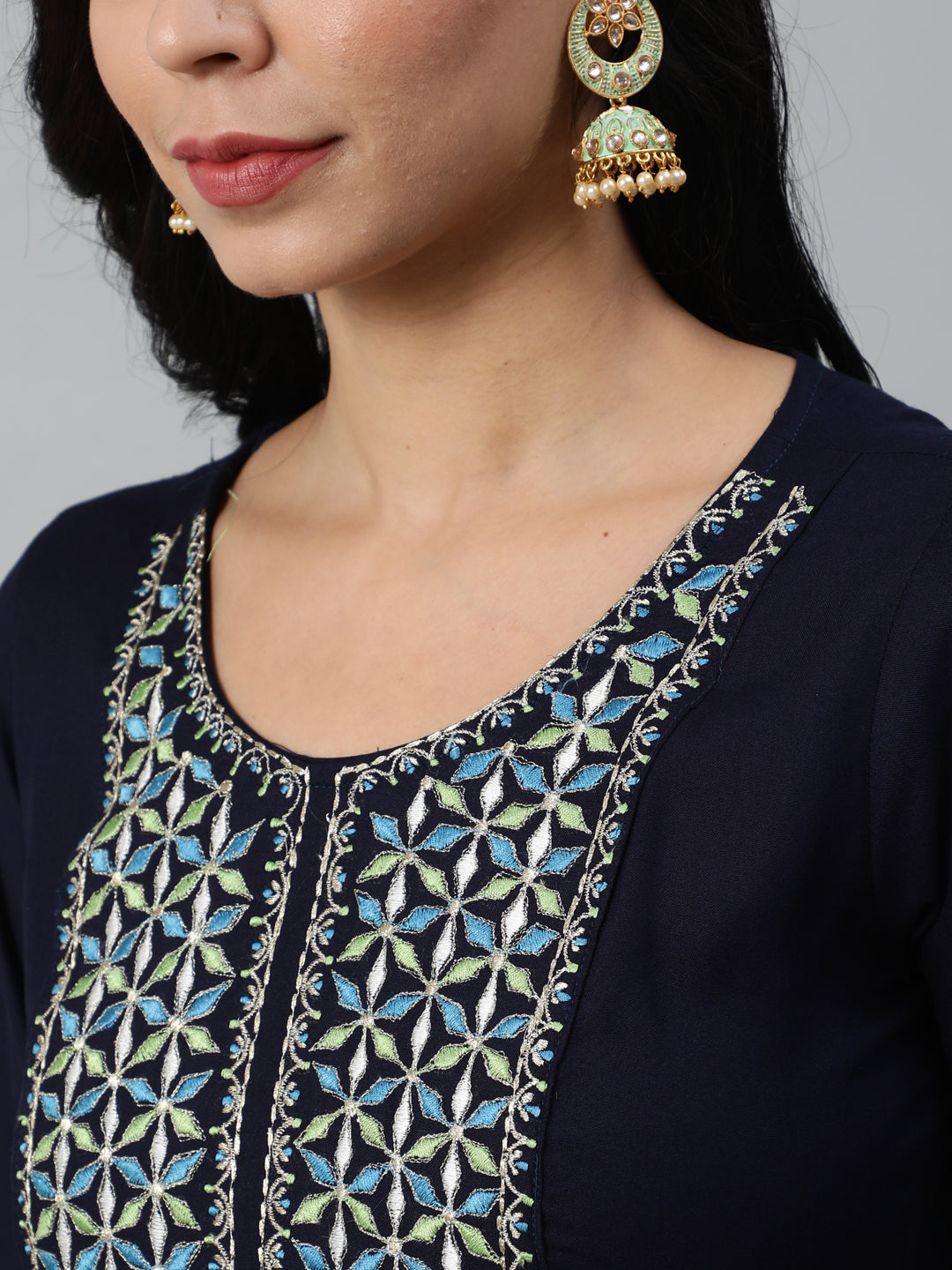 Women Navy Blue Embroidered Straight Kurta With Plazo & Dupatta