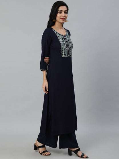 Women Navy Blue Embroidered Straight Kurta With Plazo & Dupatta