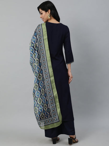 Women Navy Blue Embroidered Straight Kurta With Plazo & Dupatta