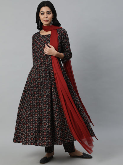 Women Black Printed Flared Kurta With Trouser & Dupatta