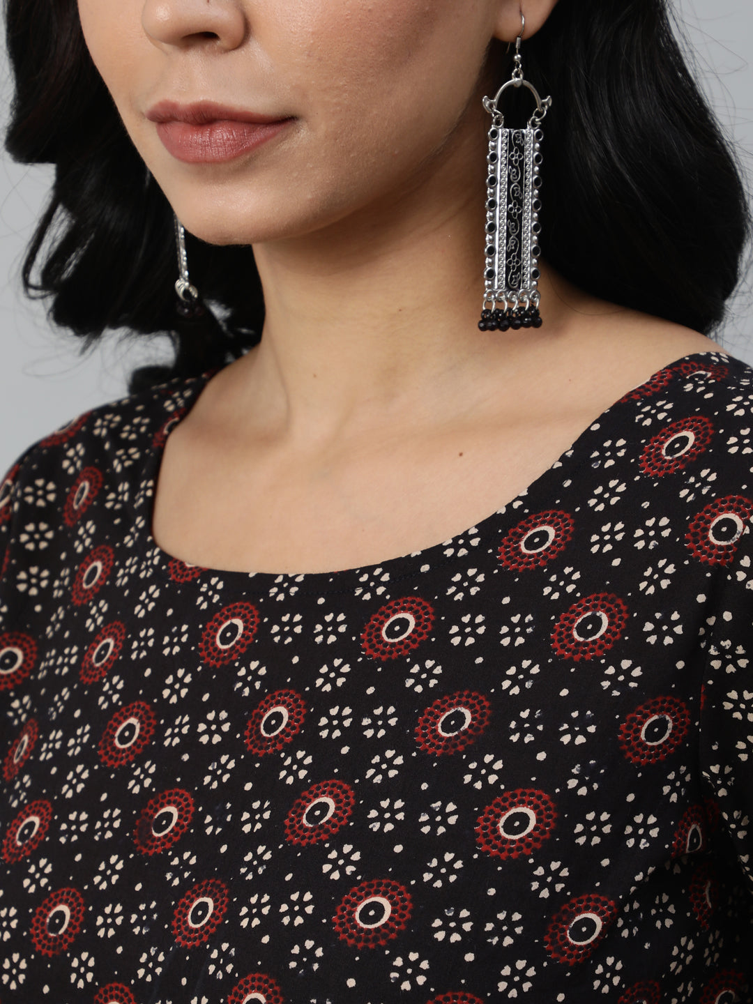 Women Black Printed Flared Kurta With Trouser & Dupatta