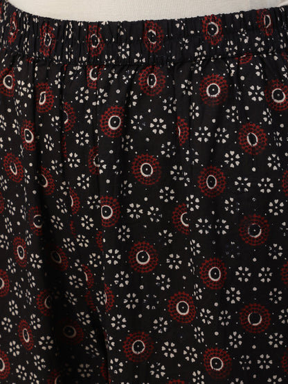 Women Black Printed Flared Kurta With Trouser & Dupatta