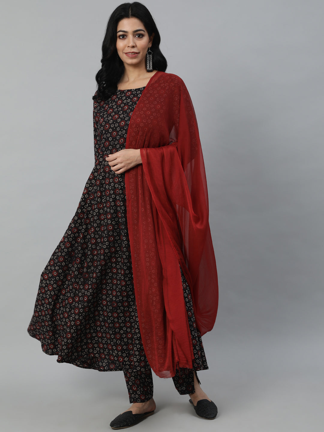 Women Black Printed Flared Kurta With Trouser & Dupatta