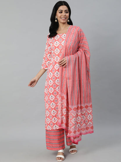 Women Pink Printed Straight Kurta With Plazo & Dupatta