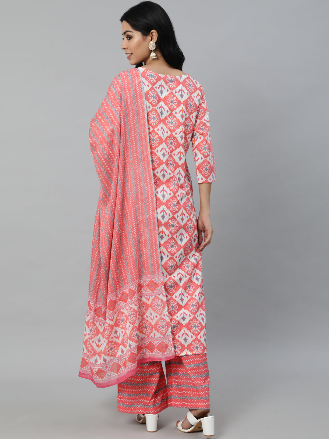 Women Pink Printed Straight Kurta With Plazo & Dupatta