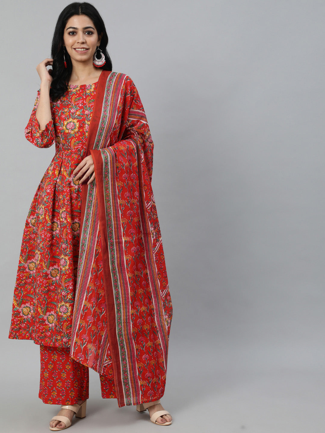 Women Red Printed Flared Kurta With Trouser & Dupatta