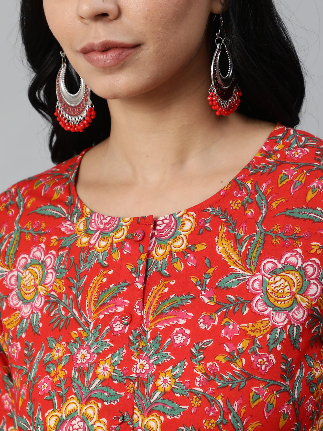 Women Red Printed Flared Kurta With Trouser & Dupatta