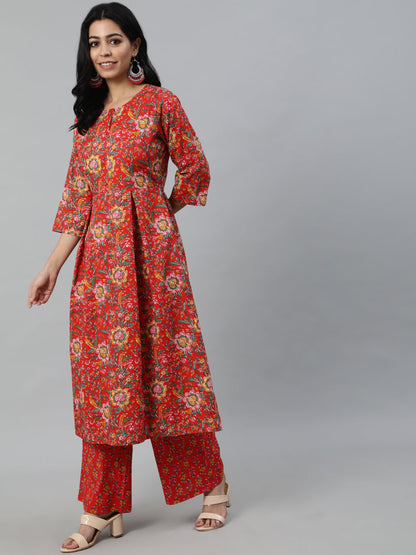 Women Red Printed Flared Kurta With Trouser & Dupatta