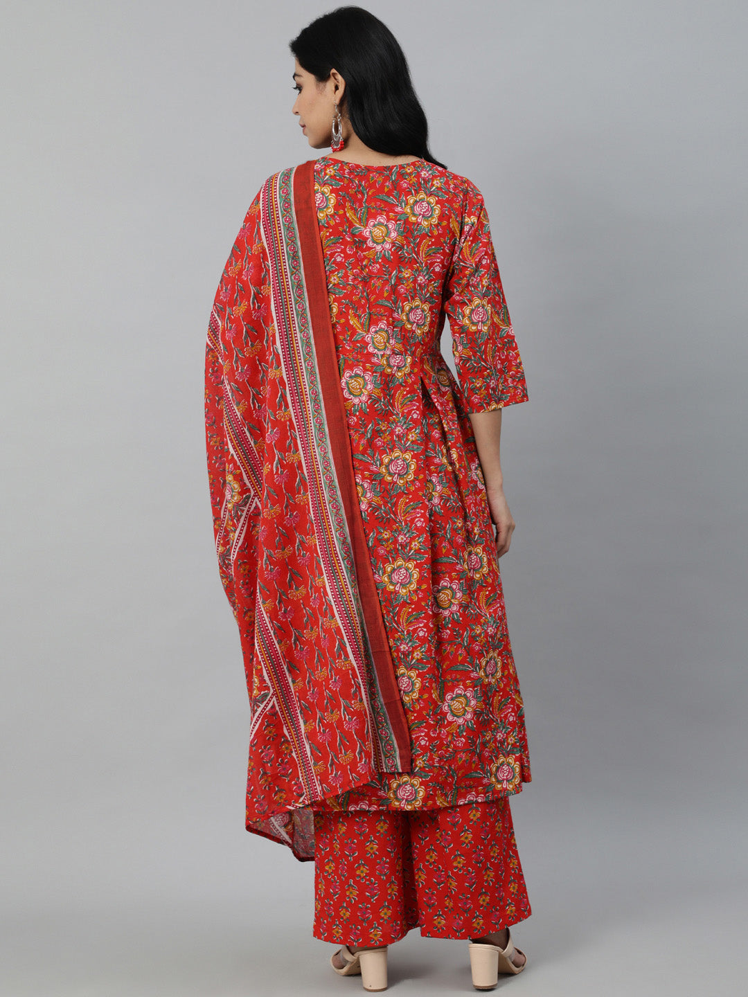 Women Red Printed Flared Kurta With Trouser & Dupatta