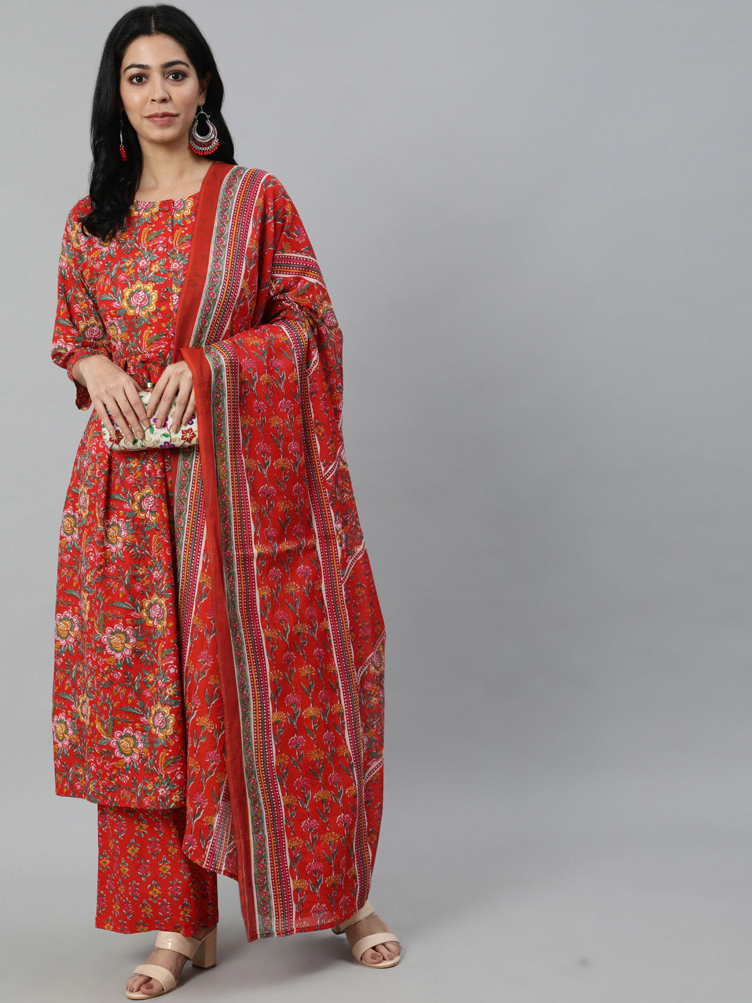 Women Red Printed Flared Kurta With Trouser & Dupatta