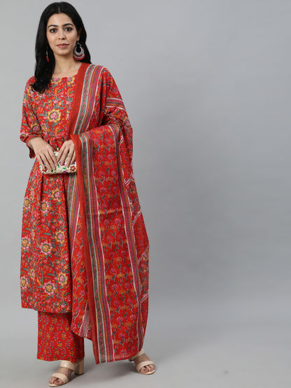 Women Red Printed Flared Kurta With Trouser & Dupatta