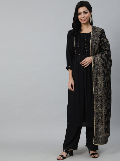 Women Black Gathered Kurta With Plazo & Dupatta