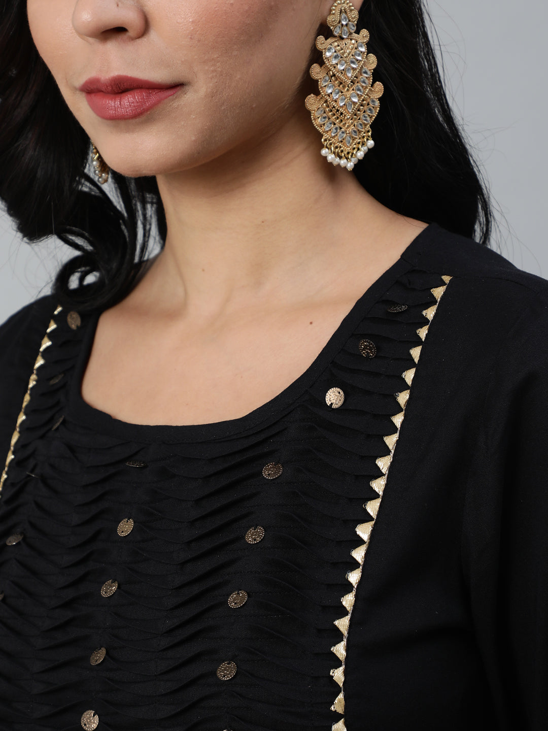 Women Black Gathered Kurta With Plazo & Dupatta