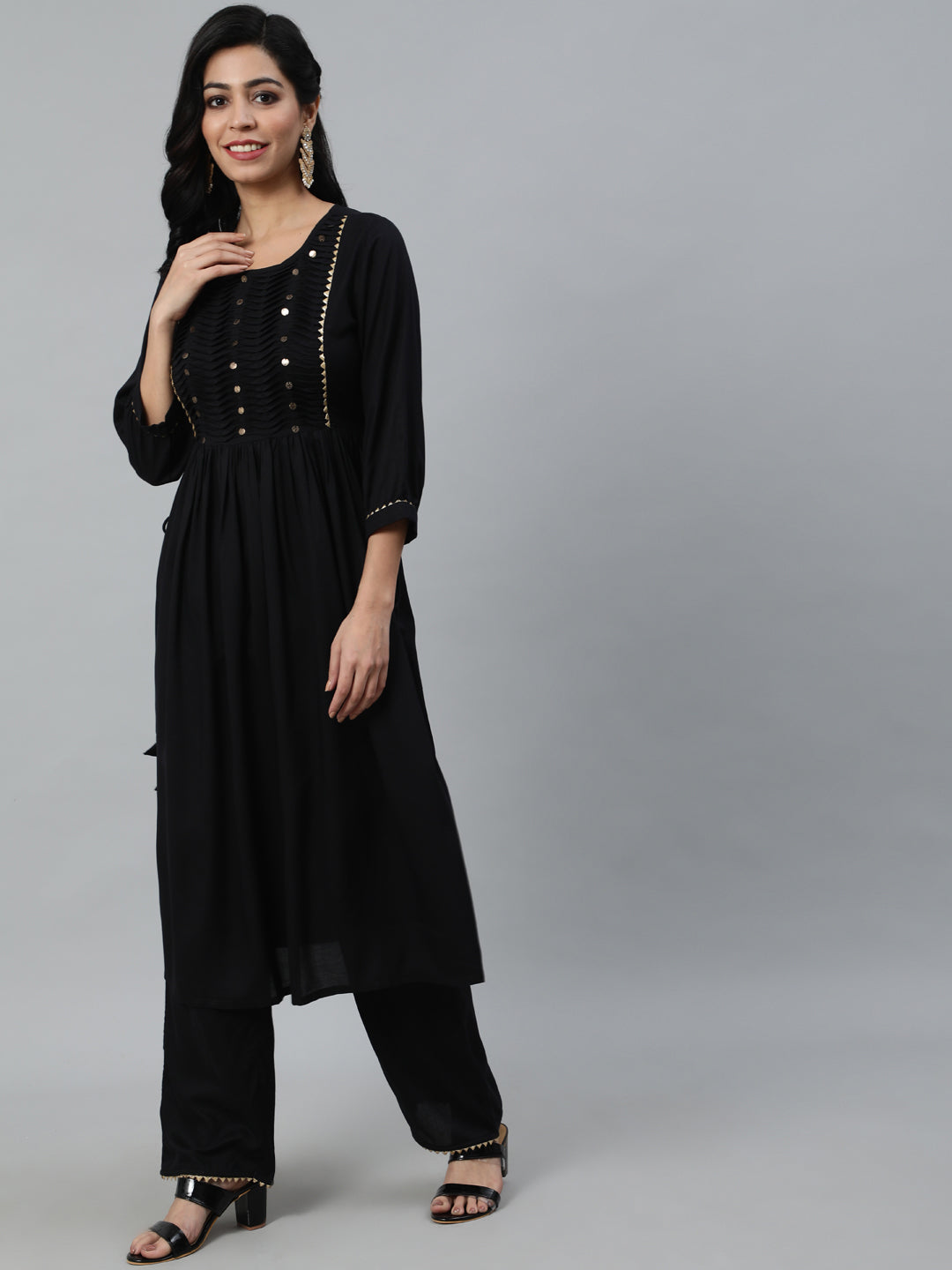 Women Black Gathered Kurta With Plazo & Dupatta