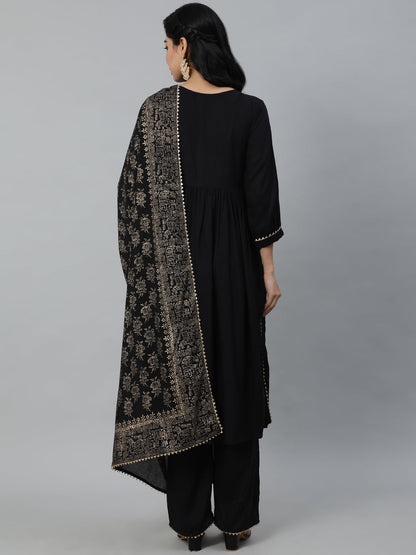 Women Black Gathered Kurta With Plazo & Dupatta