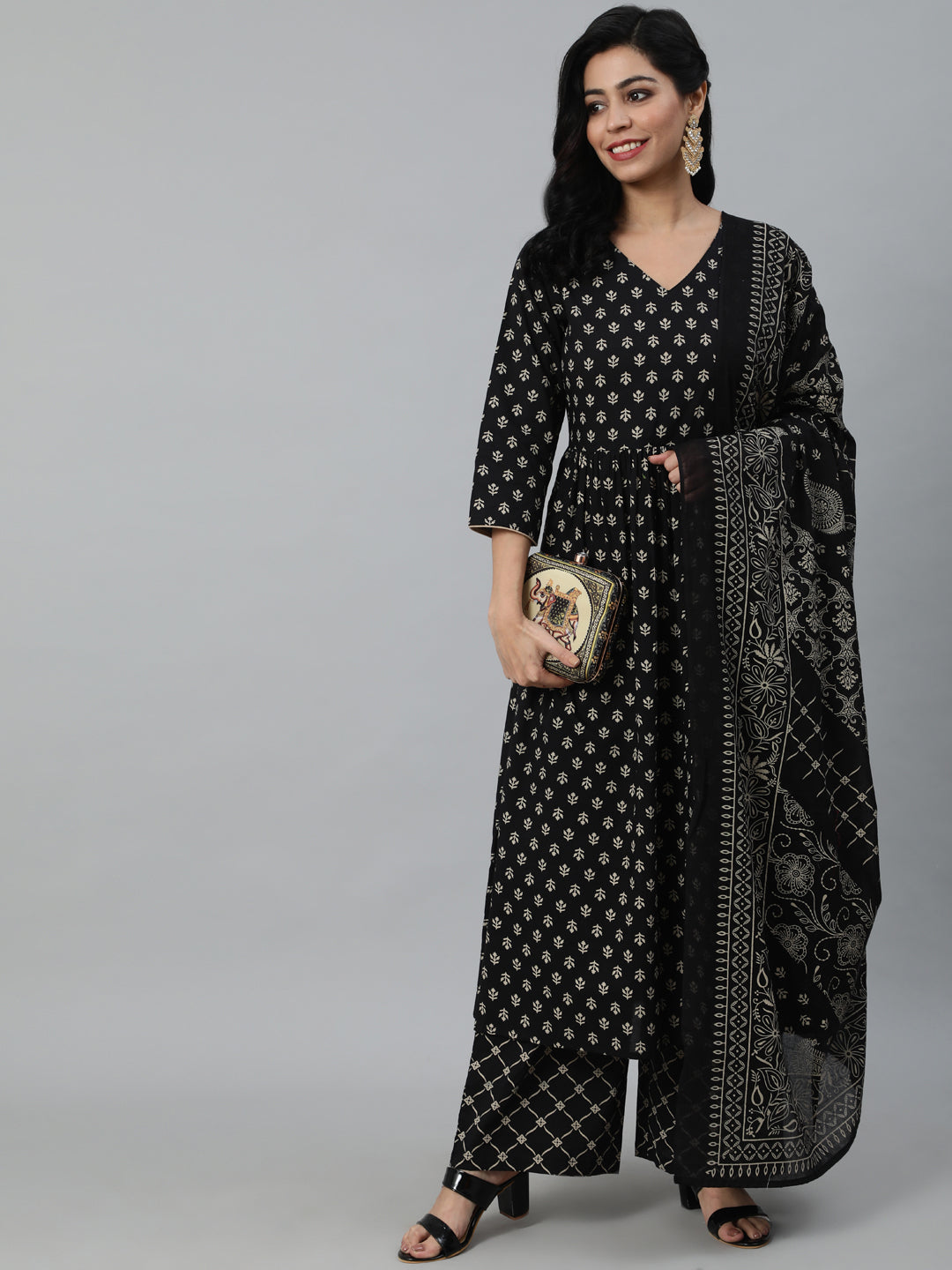 Women Black Printed Flared Kurta With Trouser & Dupatta