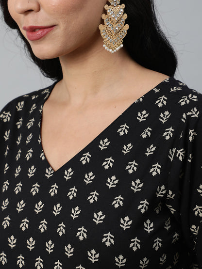 Women Black Printed Flared Kurta With Trouser & Dupatta