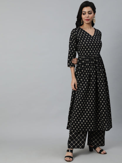 Women Black Printed Flared Kurta With Trouser & Dupatta