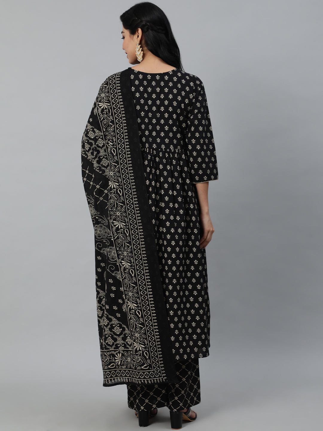 Women Black Printed Flared Kurta With Trouser & Dupatta