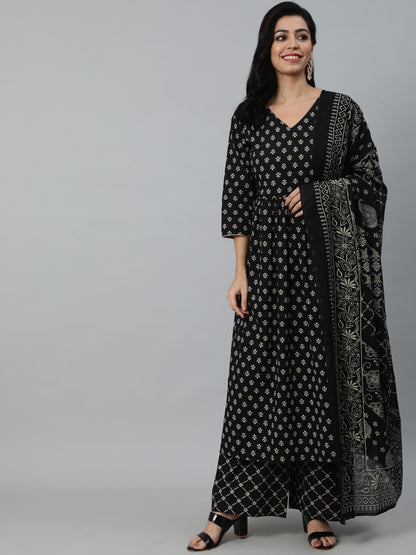 Women Black Printed Flared Kurta With Trouser & Dupatta