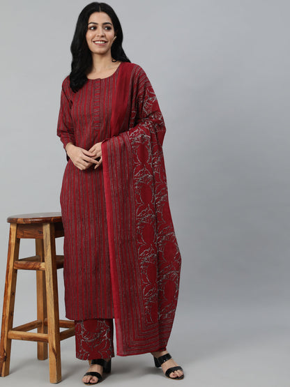 Women Maroon Striped Straight Kurta With Plazo & Dupatta