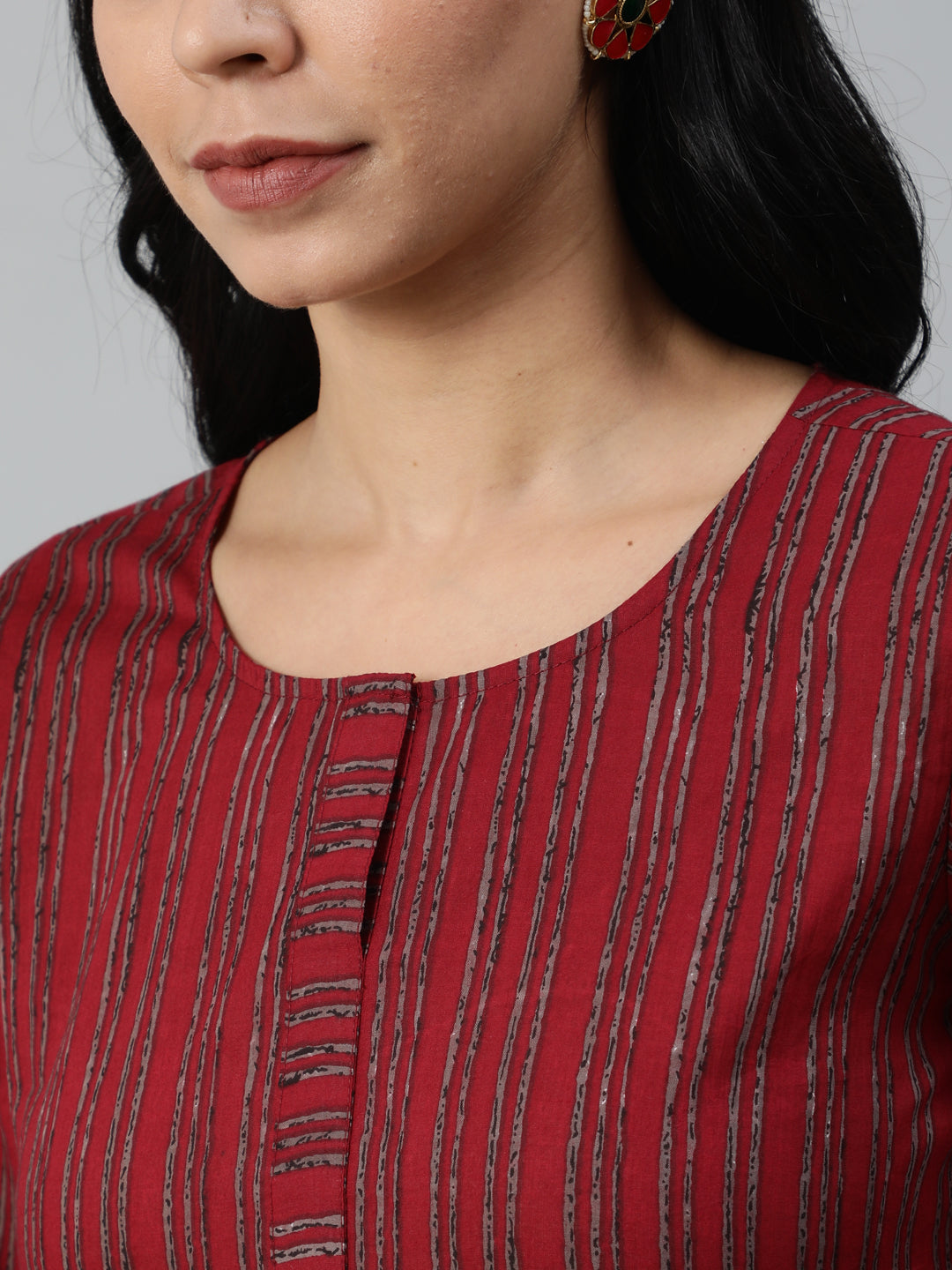 Women Maroon Striped Straight Kurta With Plazo & Dupatta