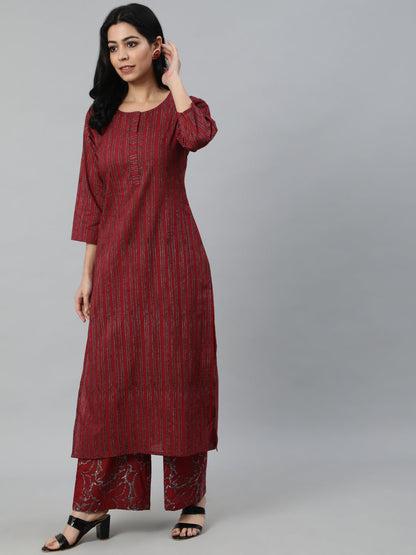 Women Maroon Striped Straight Kurta With Plazo & Dupatta