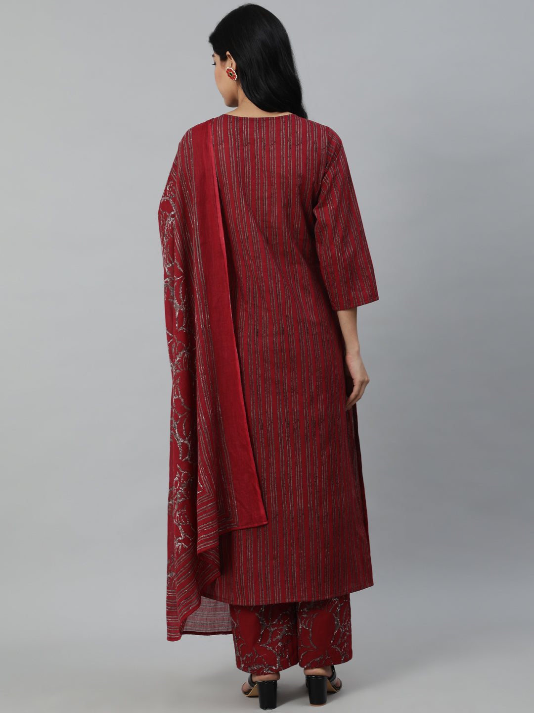 Women Maroon Striped Straight Kurta With Plazo & Dupatta