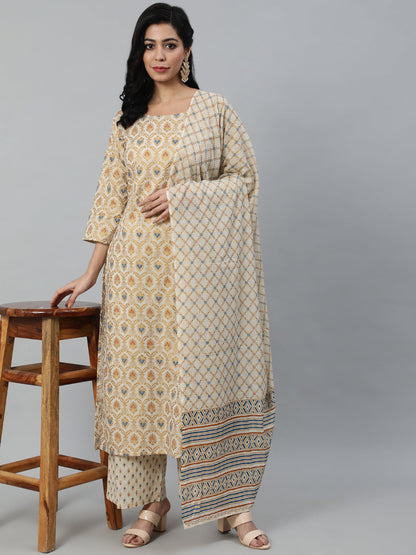 Women Cream & Gold Printed Straight Kurta With Plazo & Dupatta