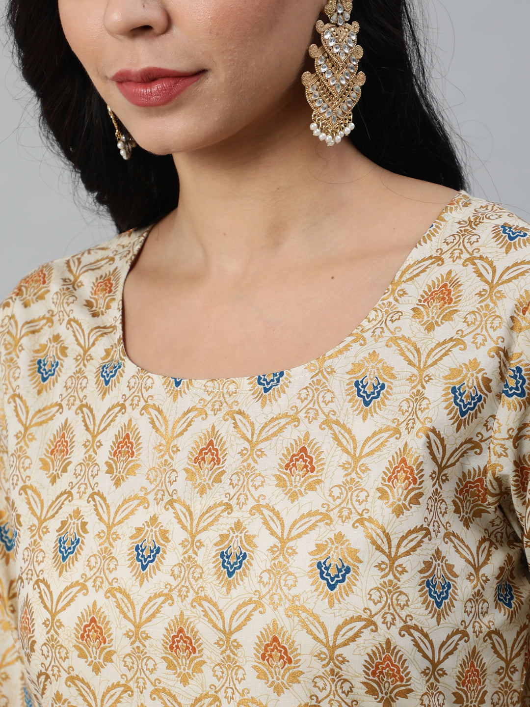 Women Cream & Gold Printed Straight Kurta With Plazo & Dupatta