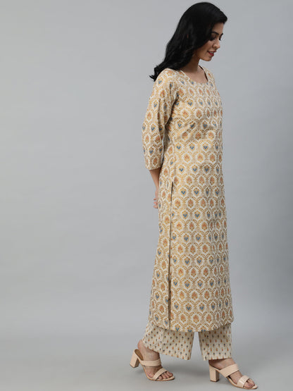 Women Cream & Gold Printed Straight Kurta With Plazo & Dupatta