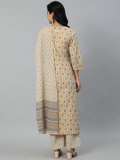 Women Cream & Gold Printed Straight Kurta With Plazo & Dupatta