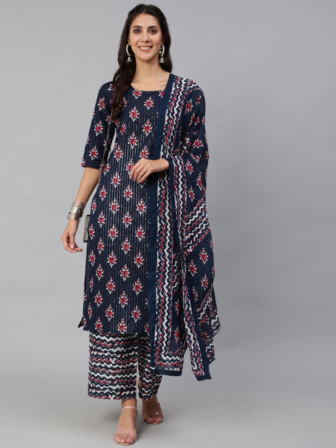 Women Navy Blue Ethnic Printed Squance Kurta And Plazzo With Dupatta