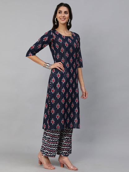 Women Navy Blue Ethnic Printed Squance Kurta And Plazzo With Dupatta