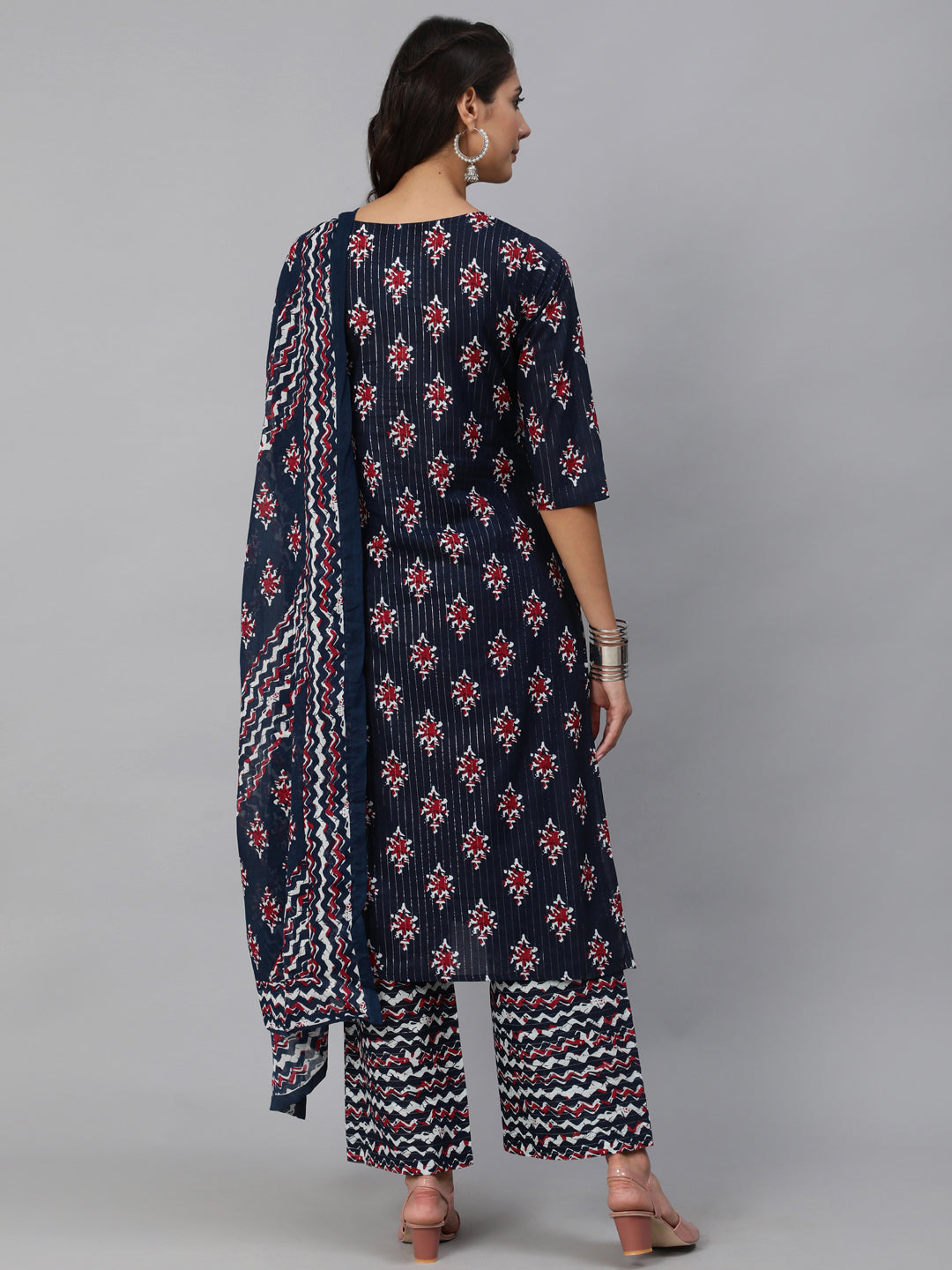 Women Navy Blue Ethnic Printed Squance Kurta And Plazzo With Dupatta