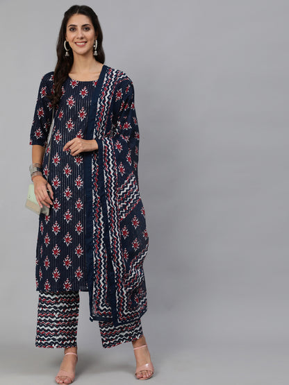 Women Navy Blue Ethnic Printed Squance Kurta And Plazzo With Dupatta