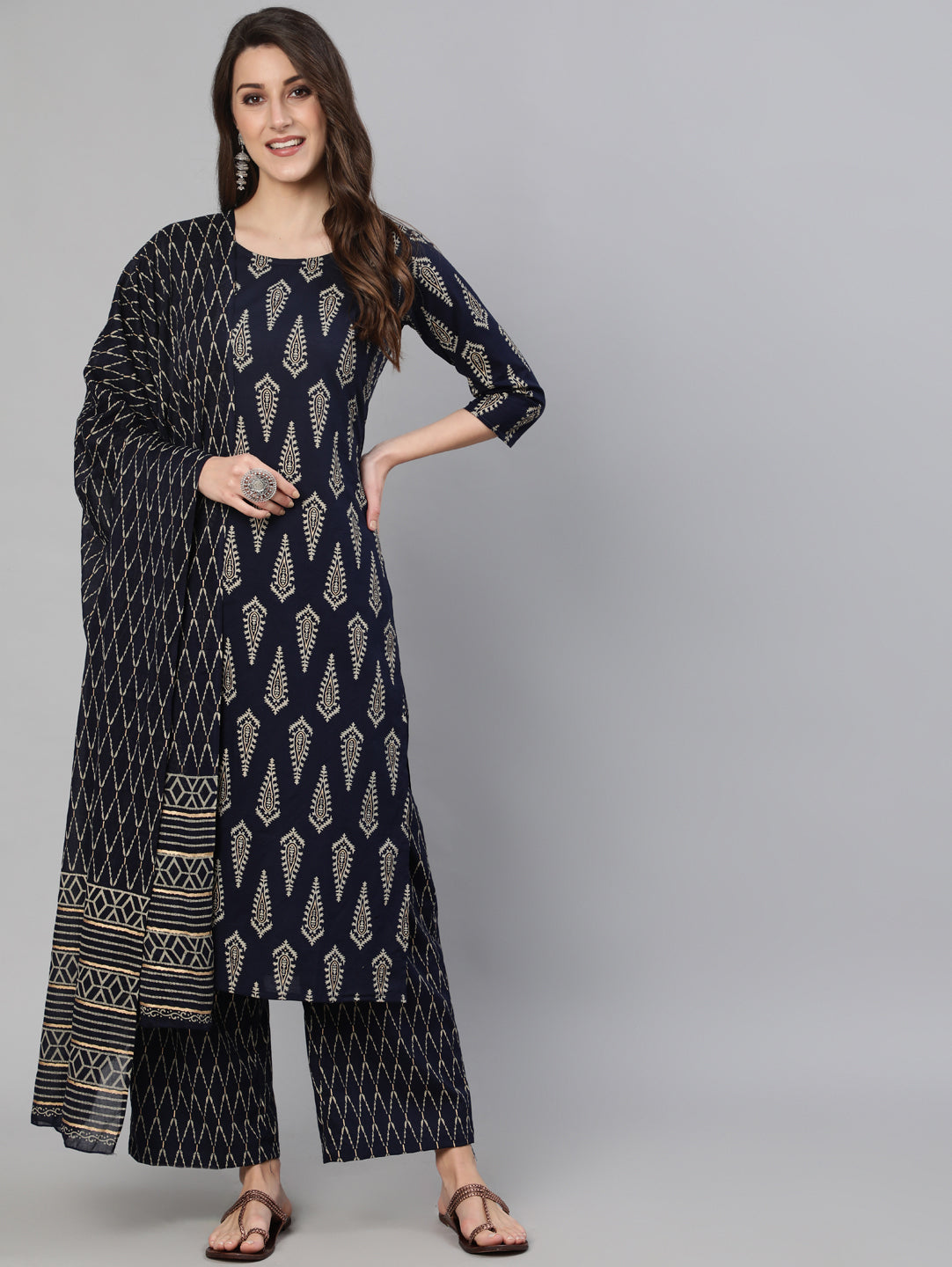 Women Black Ethnic Printed Kurta & Plazzo With Dupatta