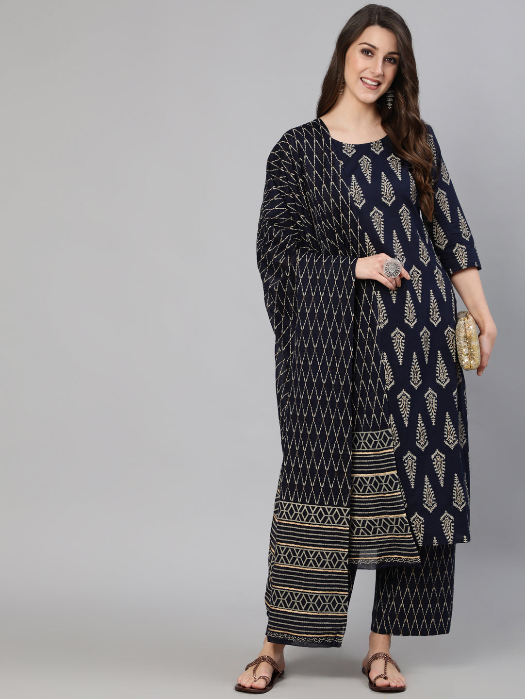 Women Black Ethnic Printed Kurta & Plazzo With Dupatta