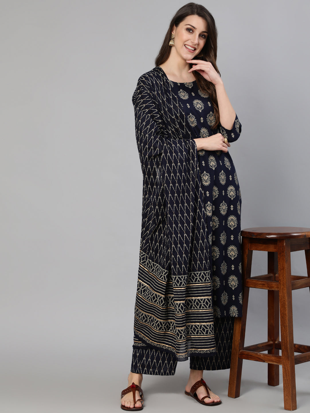 Women Black Ethnic Printed Kurta & Plazzo With Dupatta