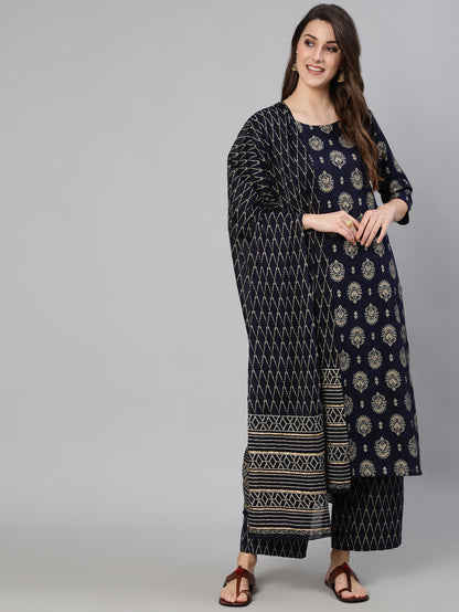 Women Black Ethnic Printed Kurta & Plazzo With Dupatta