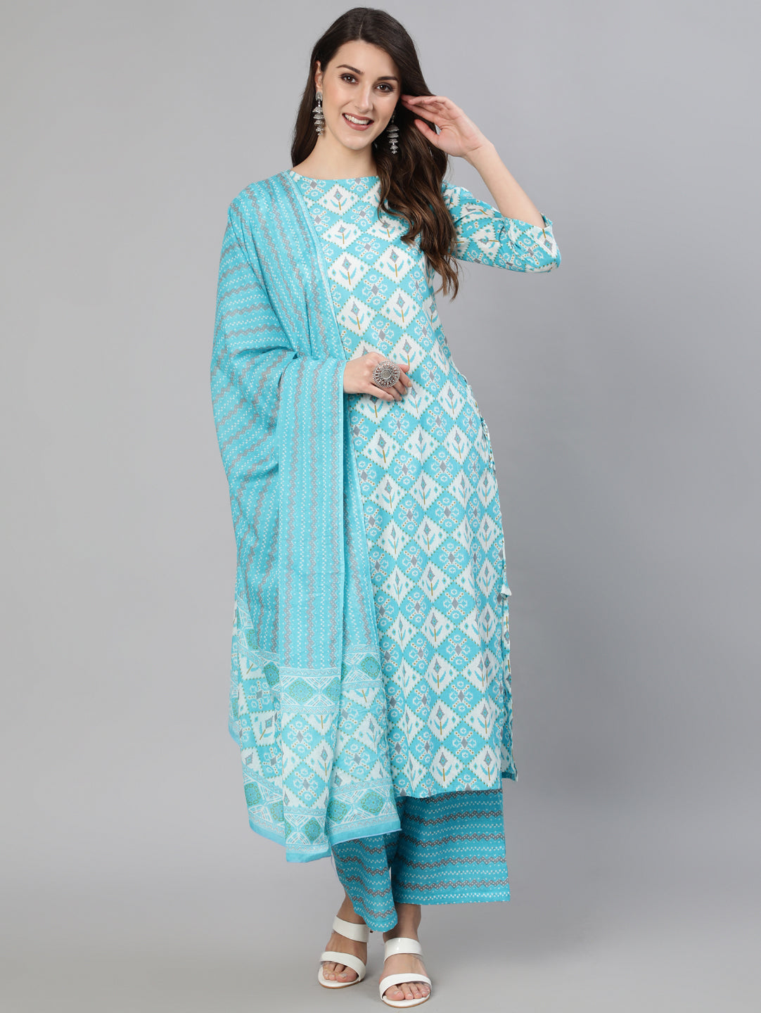 Women Blue & Off White Printed Kurta With Plazo & Dupatta