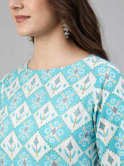 Women Blue & Off White Printed Kurta With Plazo & Dupatta