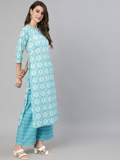 Women Blue & Off White Printed Kurta With Plazo & Dupatta